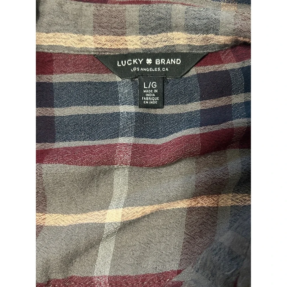 Lucky Brand Plaid Button Front Flannel Shirt Women's Large Gray Burgundy Blue - Picture 2 of 7